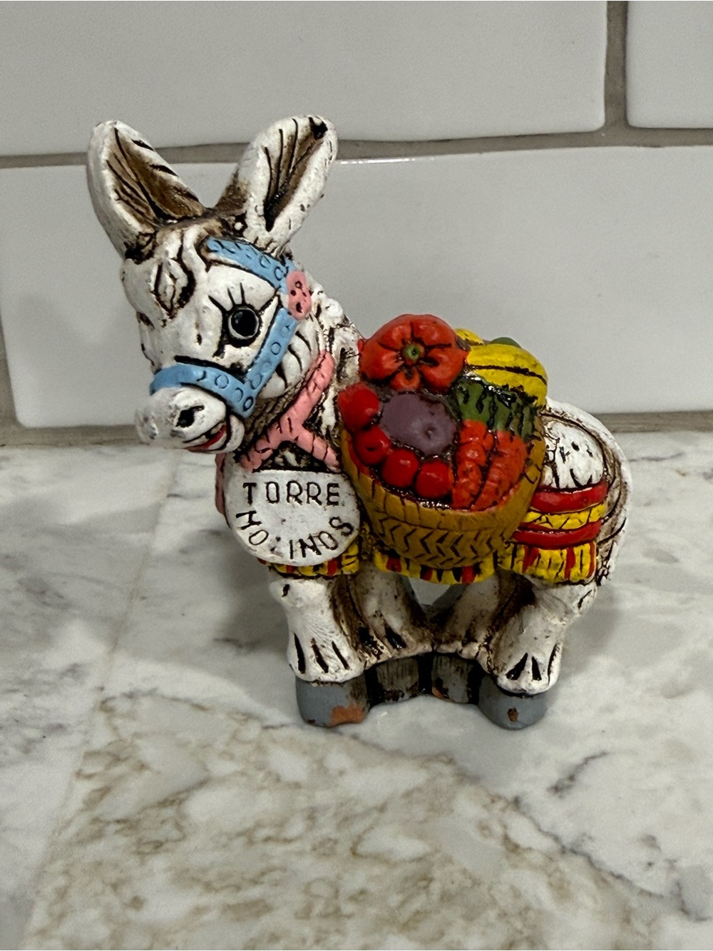 Authentic Hand-Painted Spanish Donkey Figurine with Colorful Fruit Basket